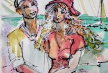 BLONDYNKA akwarela i rys. piórkiem 40x30cm