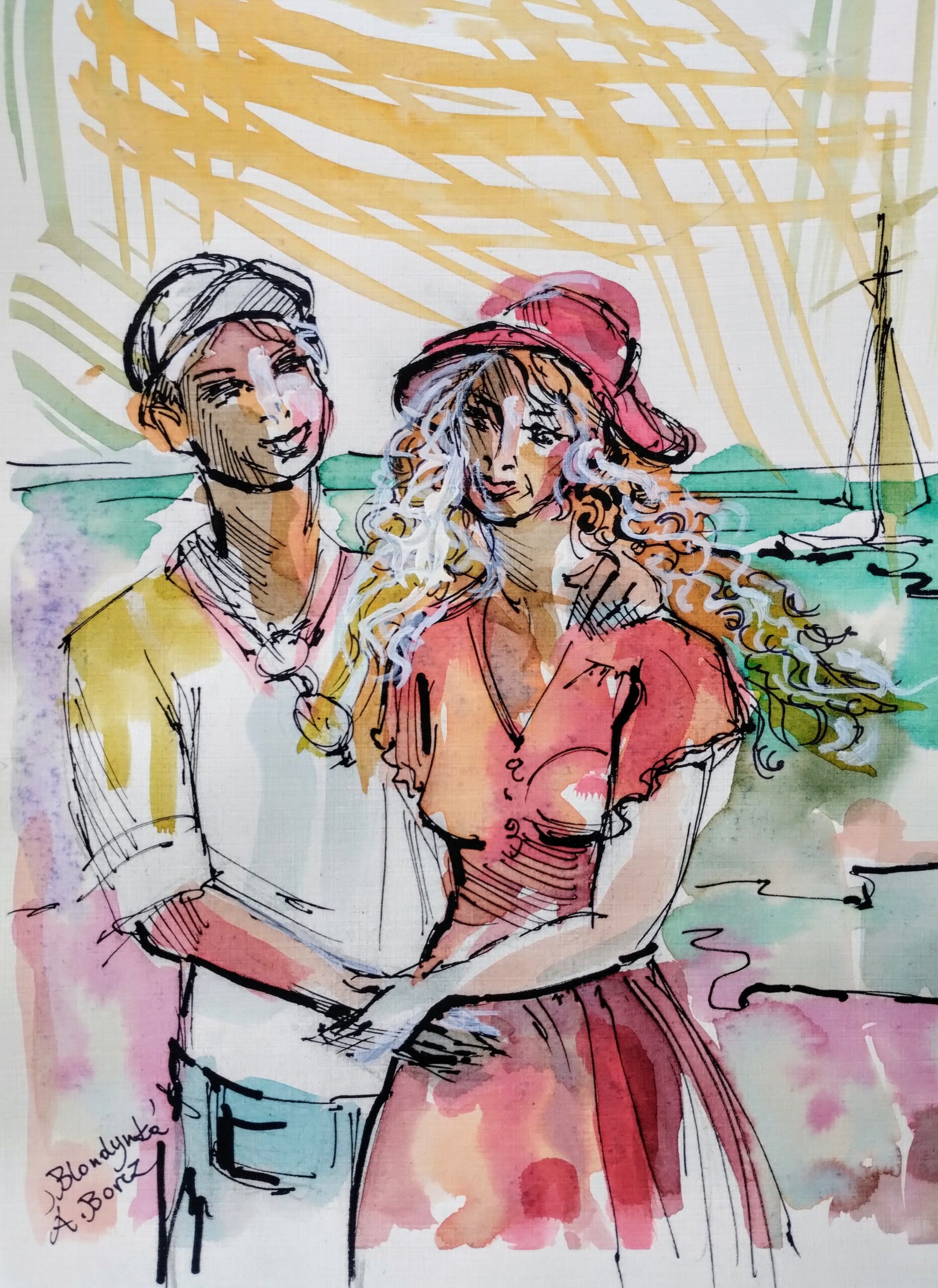 BLONDYNKA akwarela i rys. piórkiem 40x30cm