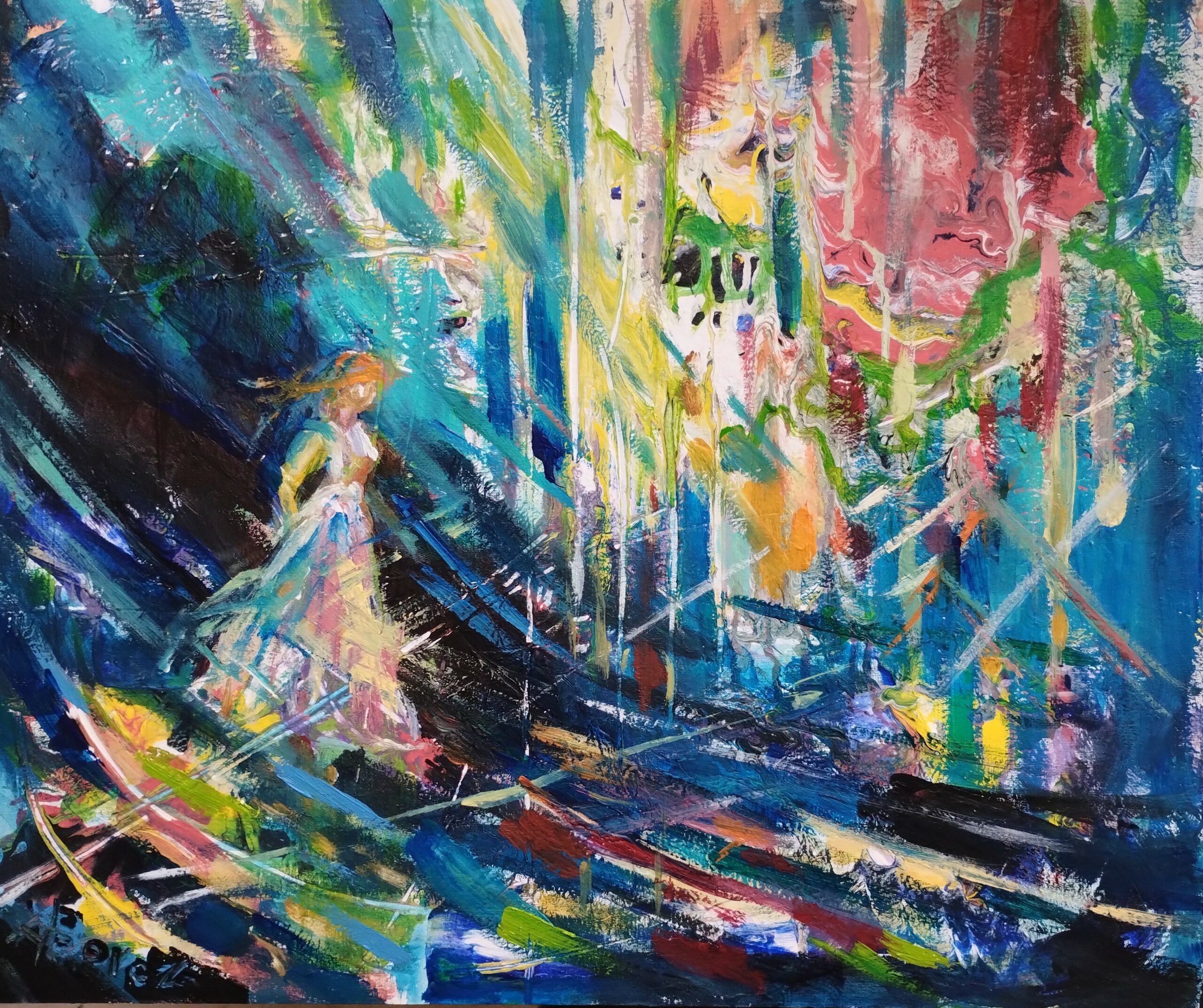 DZIEWCZYNA W CZARODZIEJSKIM LESIE akryl na płótnie 50x60cm