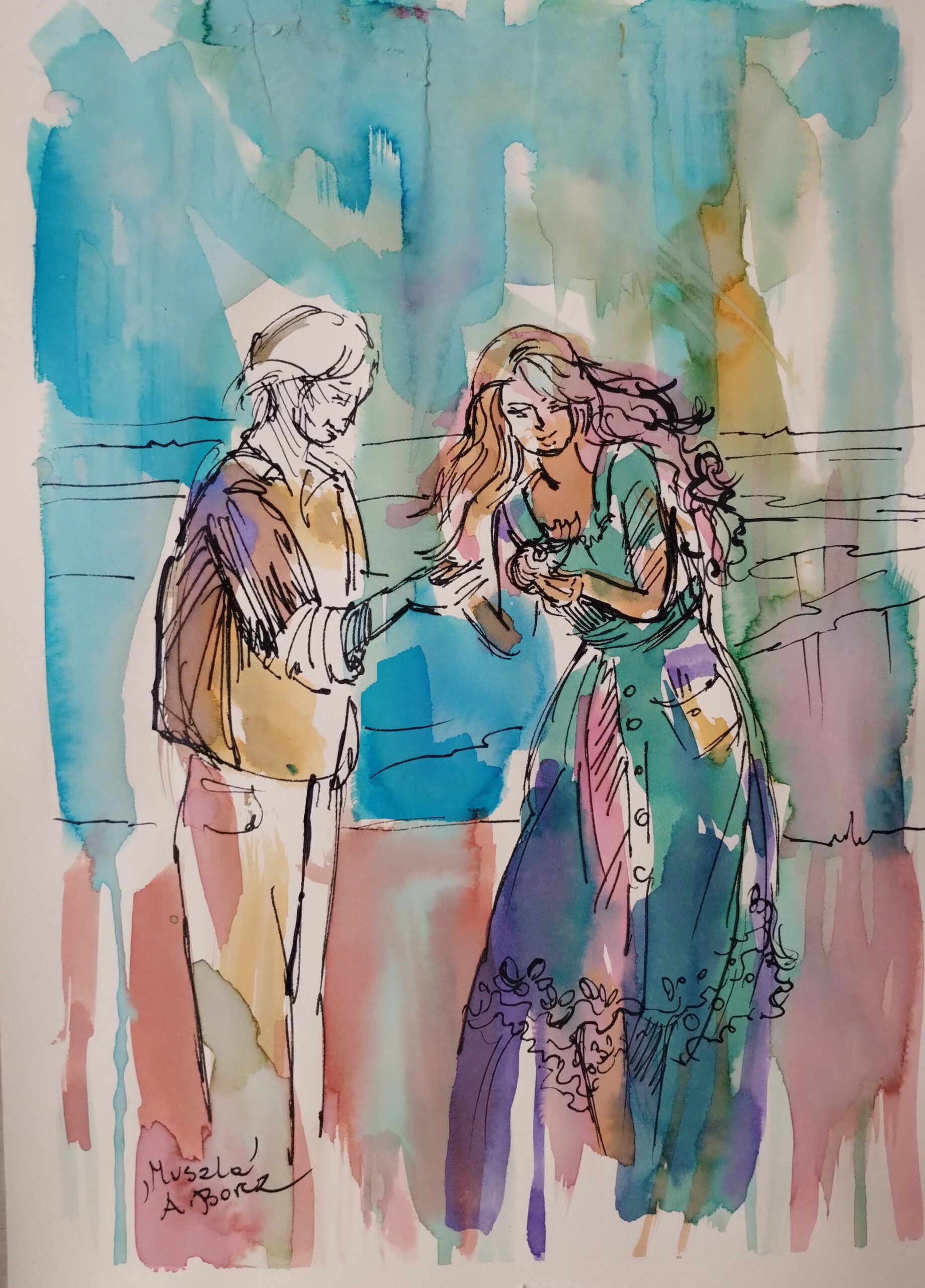 MUSZLA akwarela i rys. piórkiem 40x30 cm