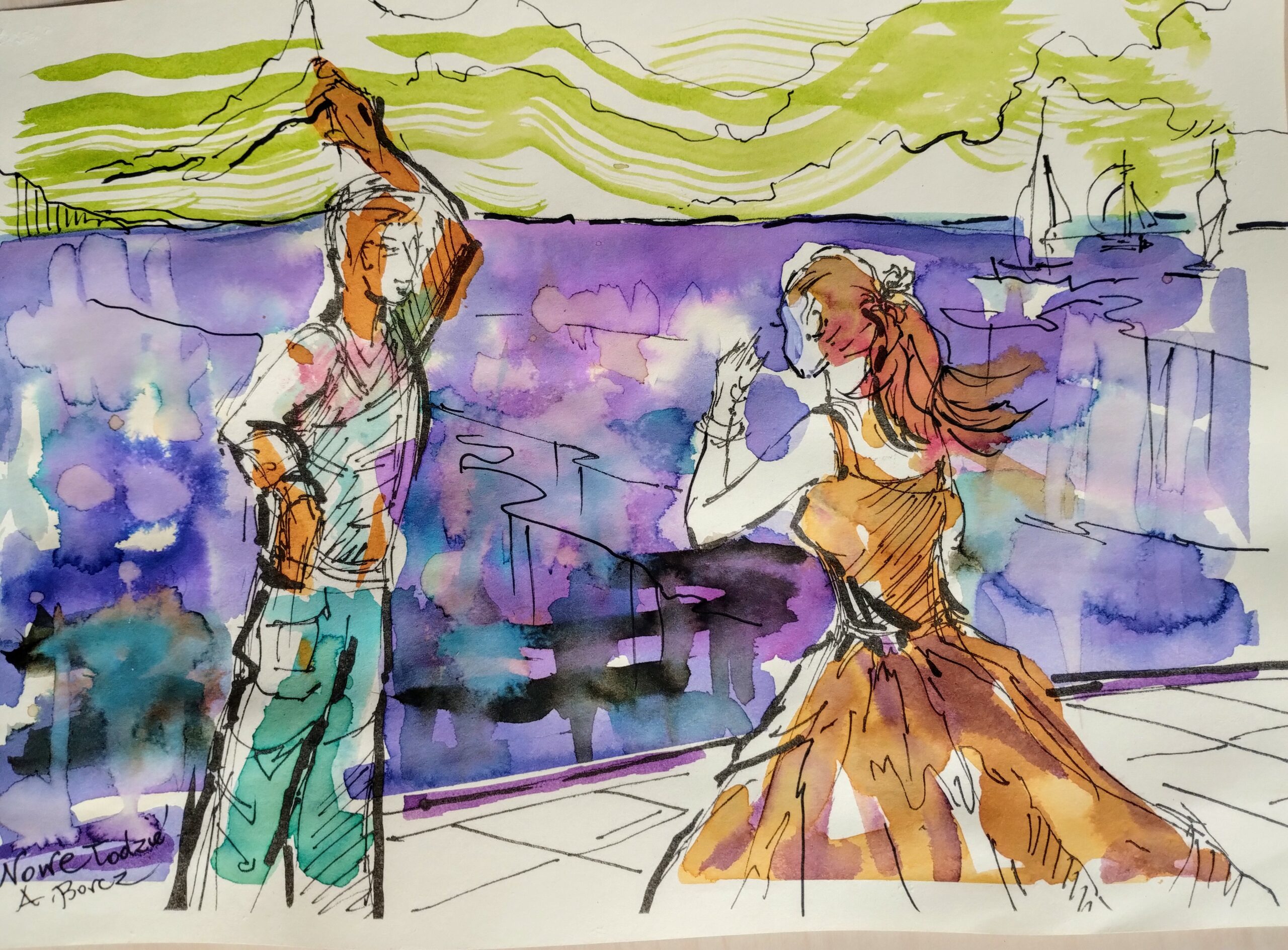 NOWE ŁODZIE akwarela i rys. piórkiem 30x40 cm