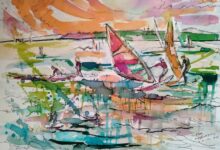 SURFING W ZATOCE akwarela 40x50 w oprawie