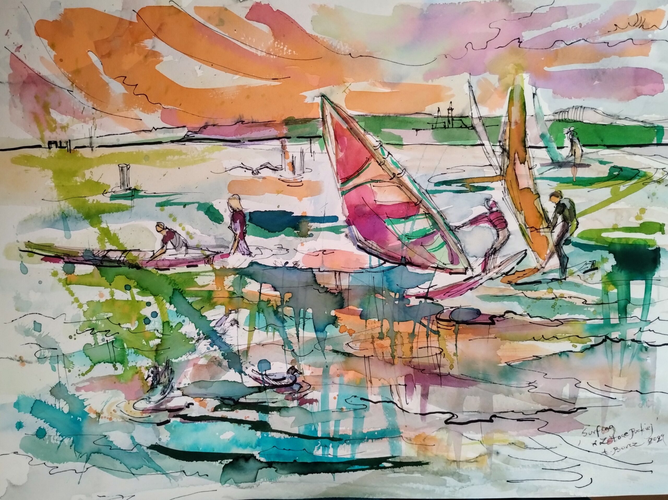 SURFING W ZATOCE akwarela 40x50 w oprawie