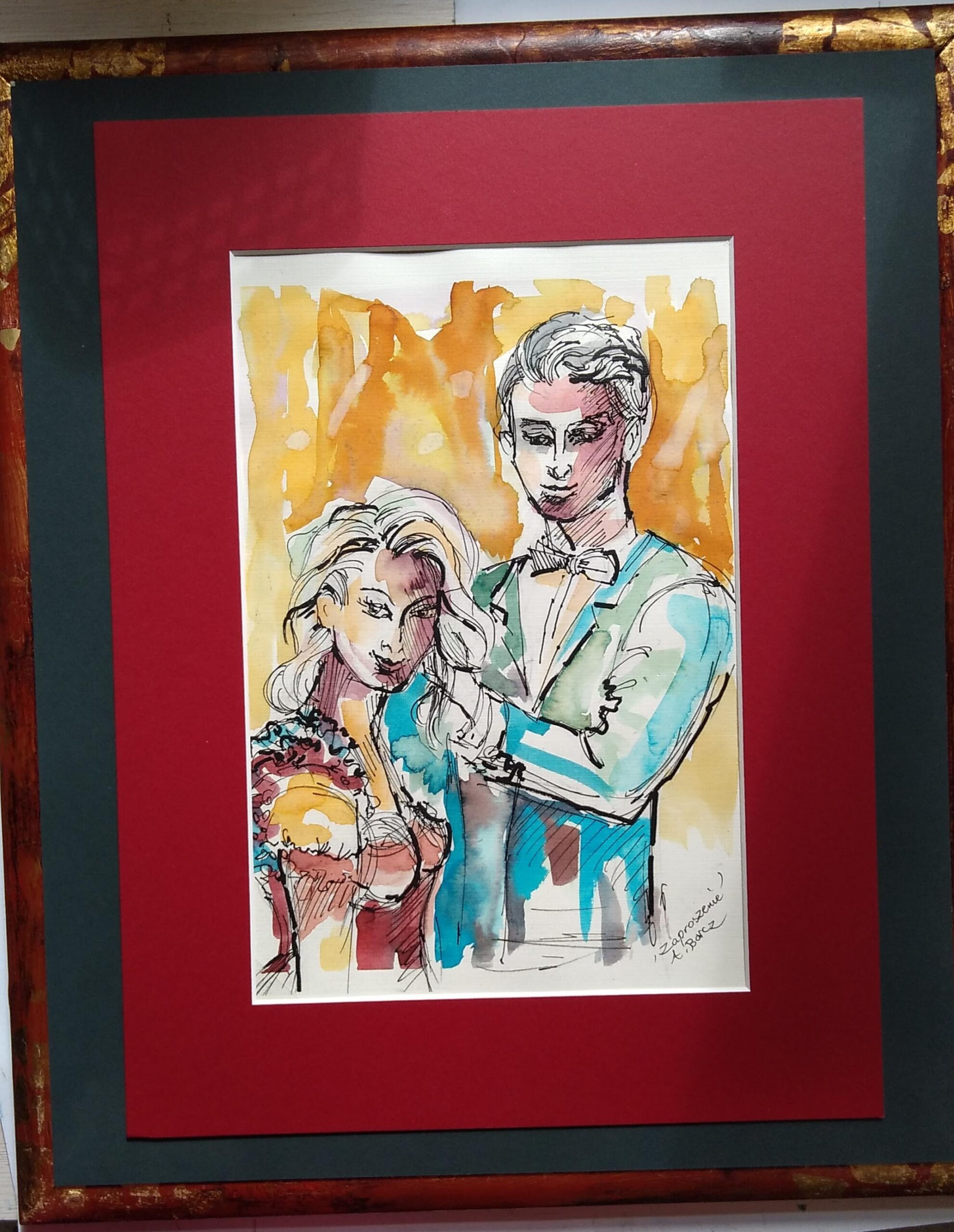 ZAPROSZENIE akwarela 30x21 z ramą autorską 48x40 cm