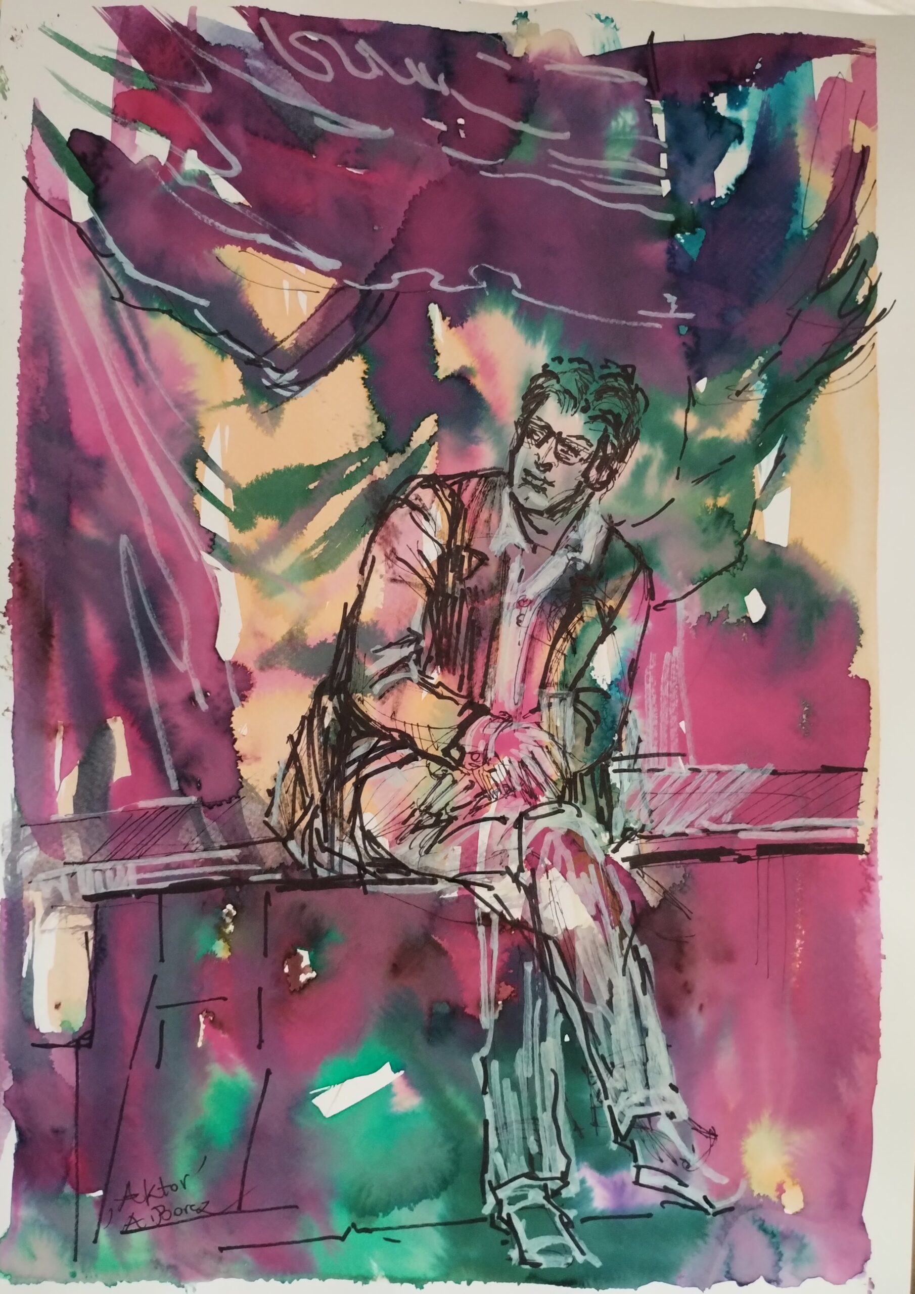 AKTOR akwarela i rys. piórkiem 50x40 cm w oprawie
