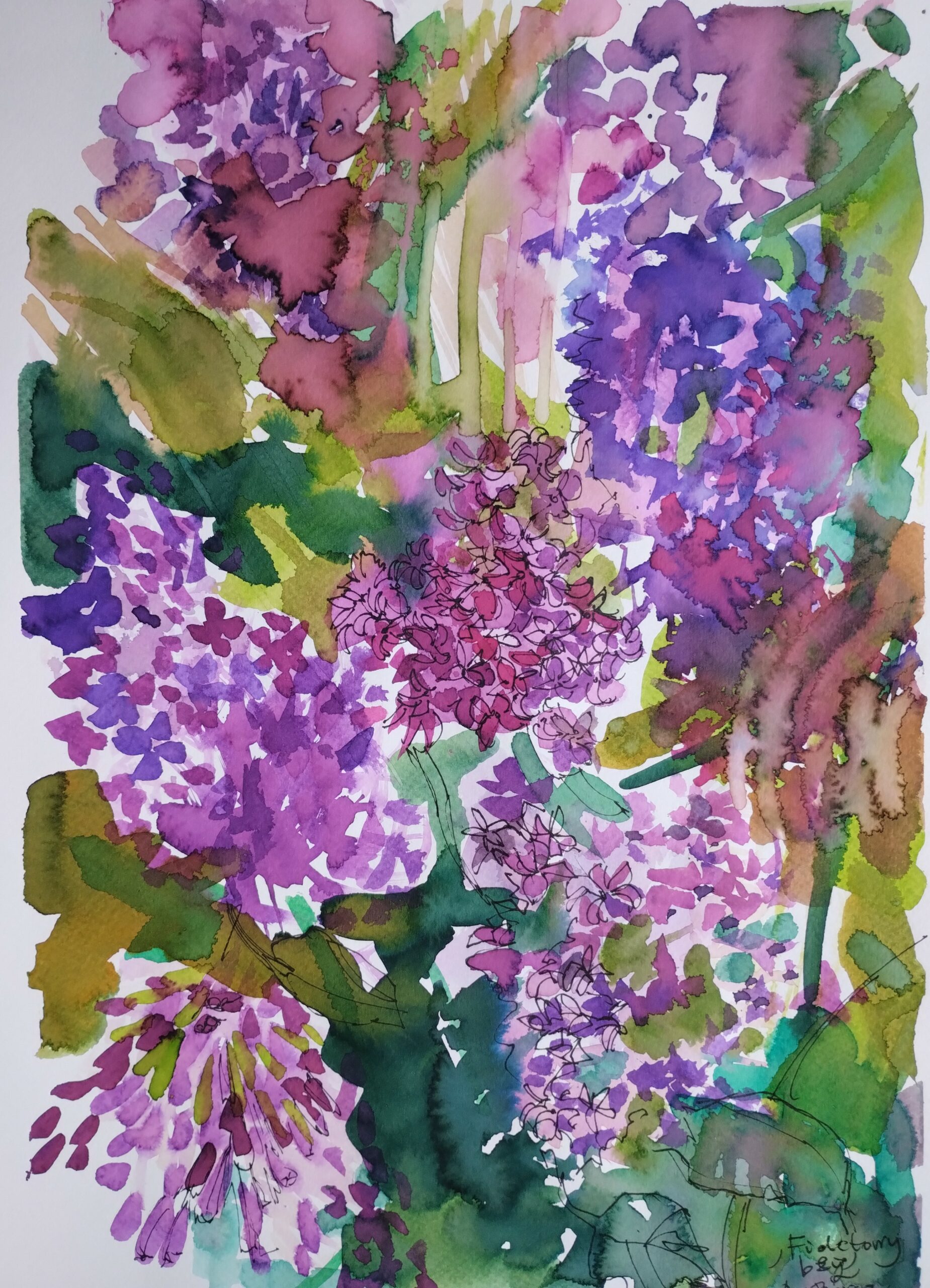 FIOLETOWE BZY akwarela 50x40cm w oprawie