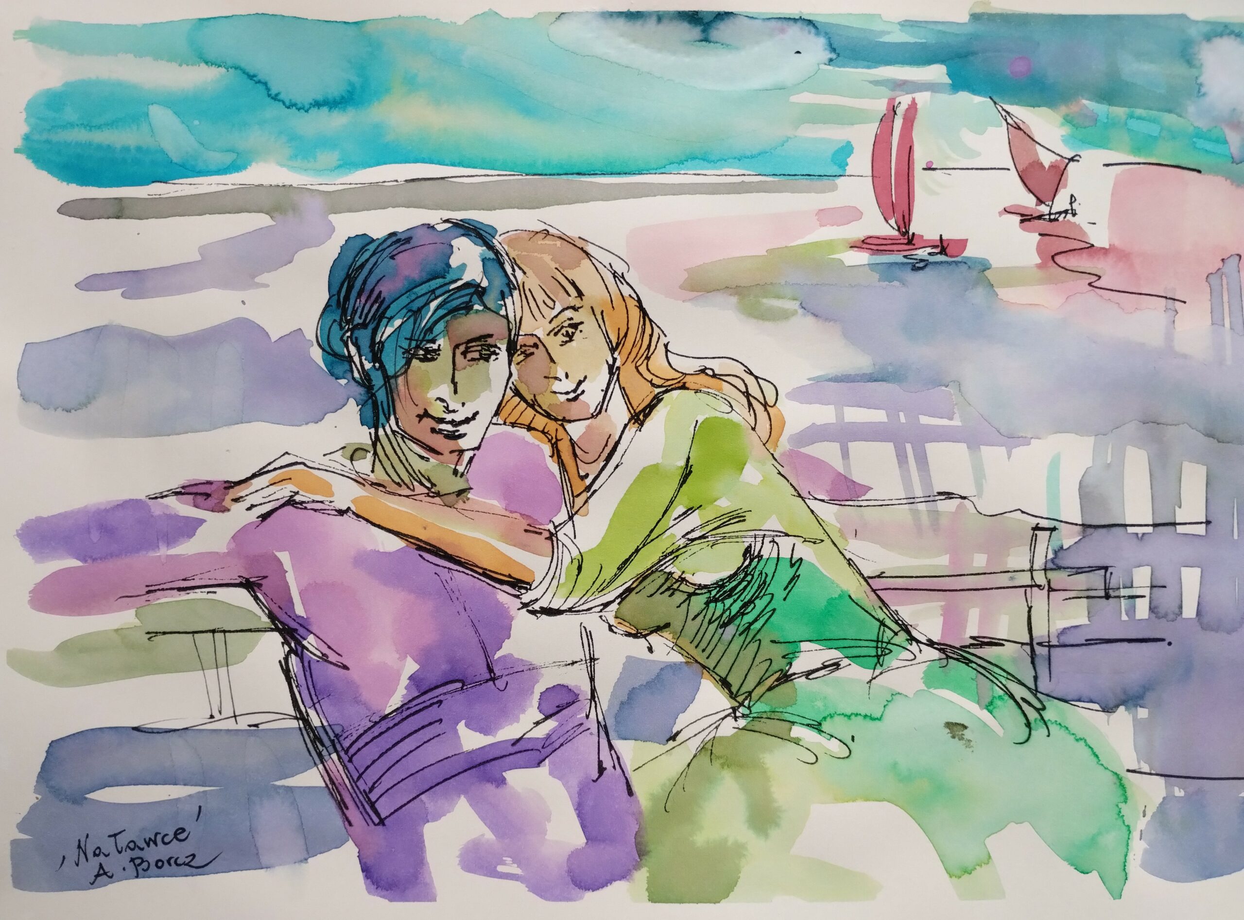 NA ŁAWCE akwarela 30x40 cm w oprawie