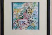 DŁONIE akwarela i rys. tuszem 30x30cm w oprawie