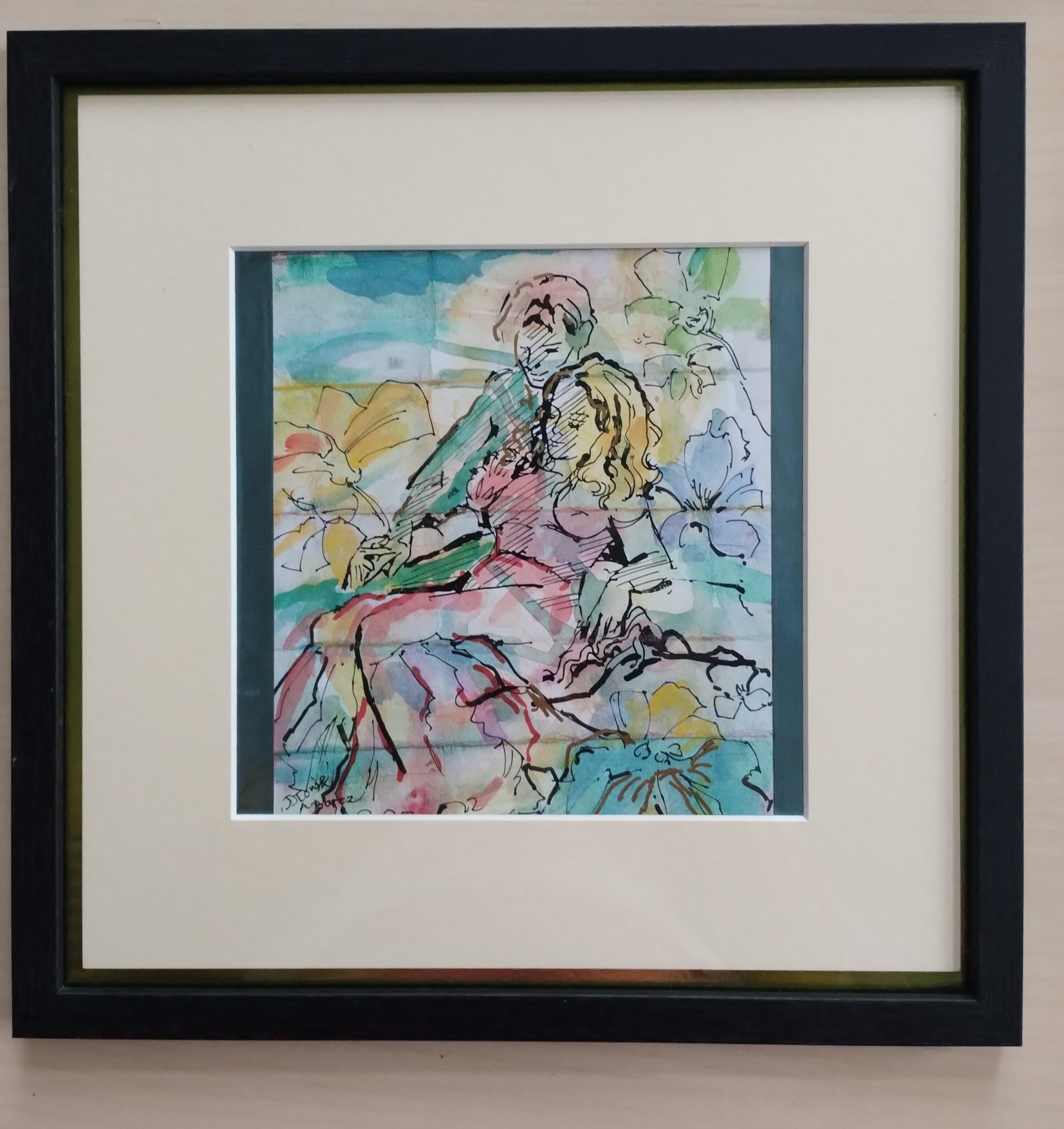 DŁONIE akwarela i rys. tuszem 30x30cm w oprawie