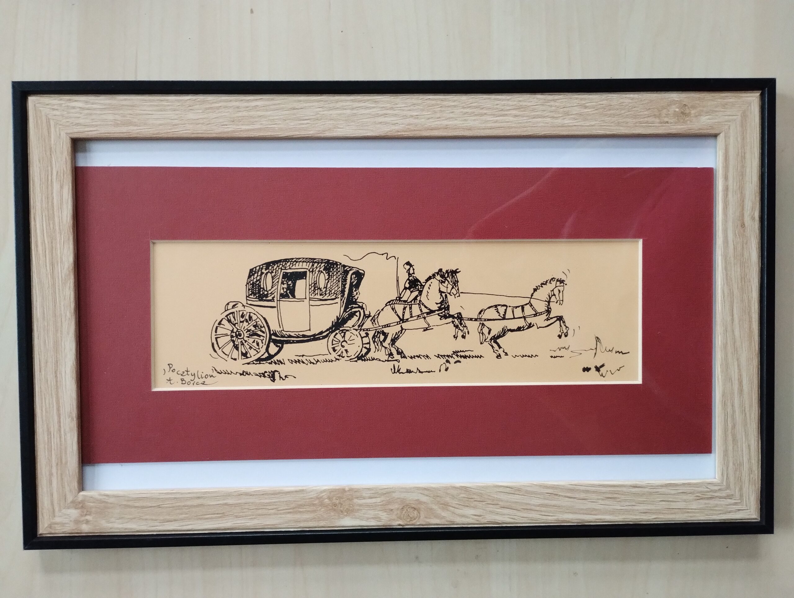 DYLIŻANS Z POCZTYLIONEM rys. czarnym tuszem 25x40 cm  w oprawie