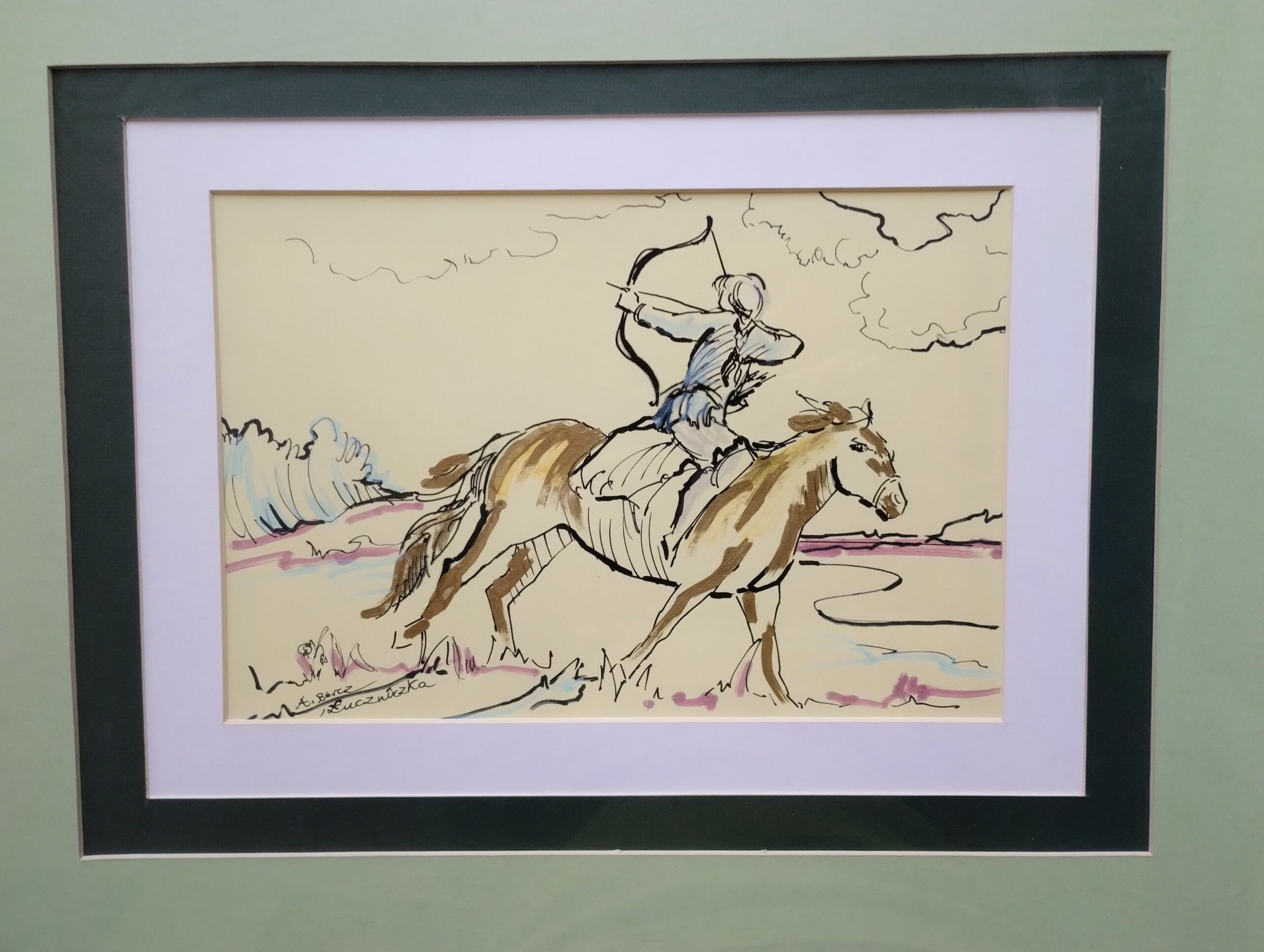 ŁUCZNICZKA rys. czarnym tuszem 40x50cm w oprawie