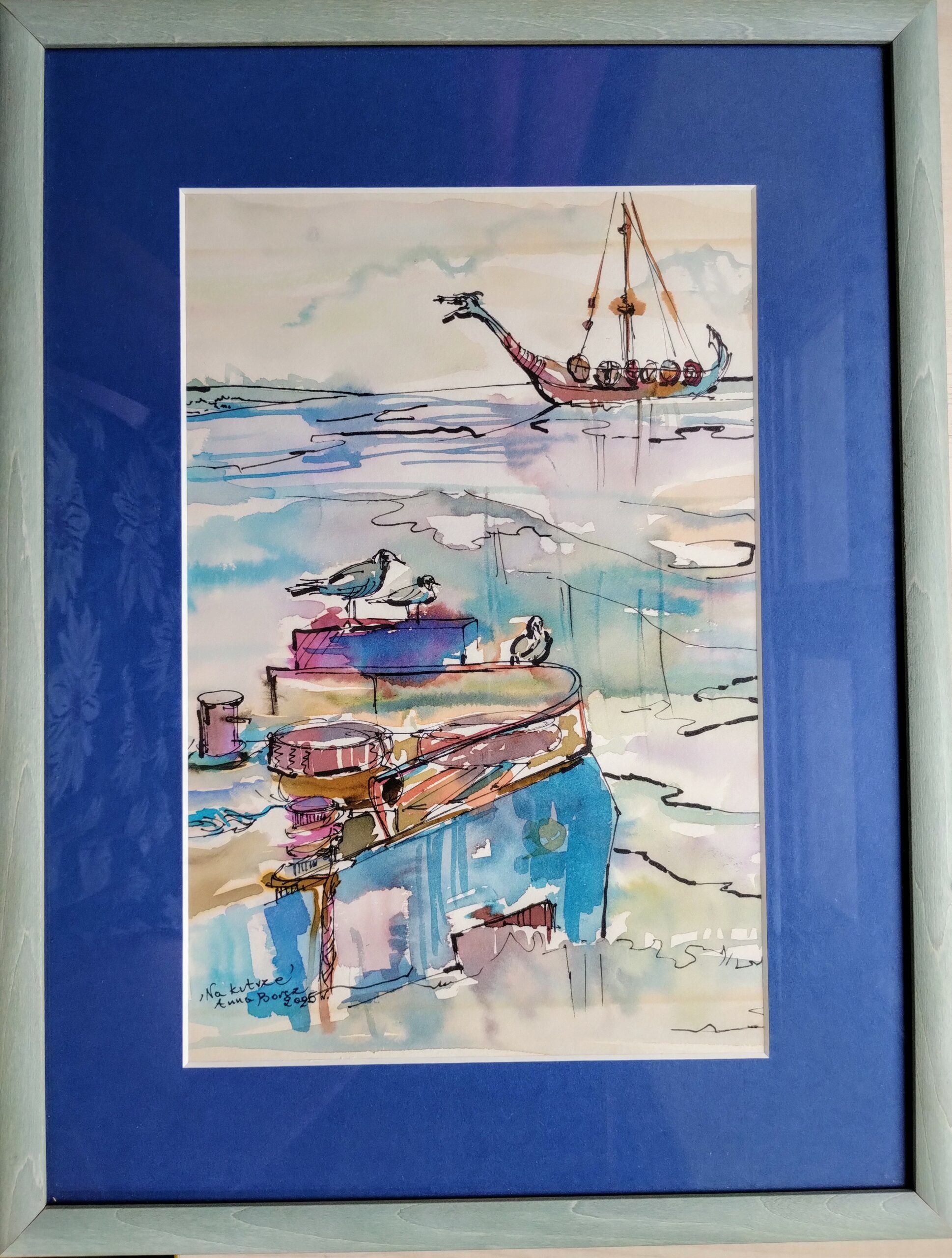 MEWY NA KUTRZE akwarela 40x30 cm w oprawie