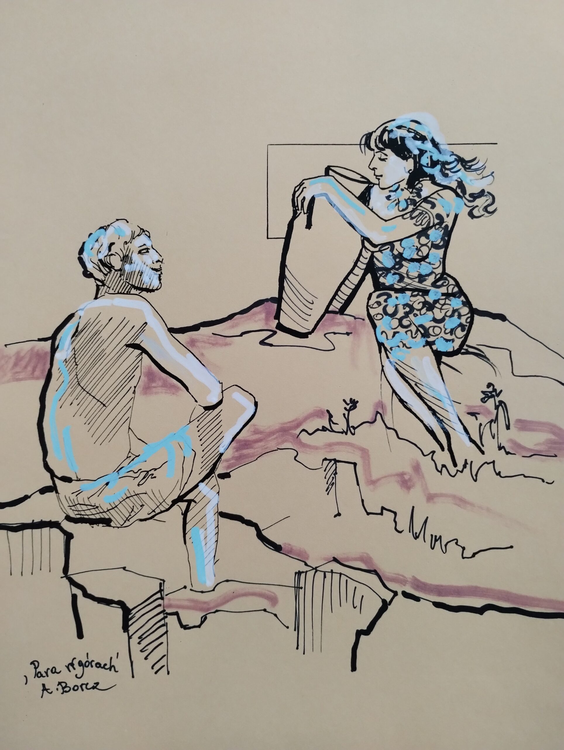 PARA W GÓRACH rys. tuszami 30x30cm w oprawie