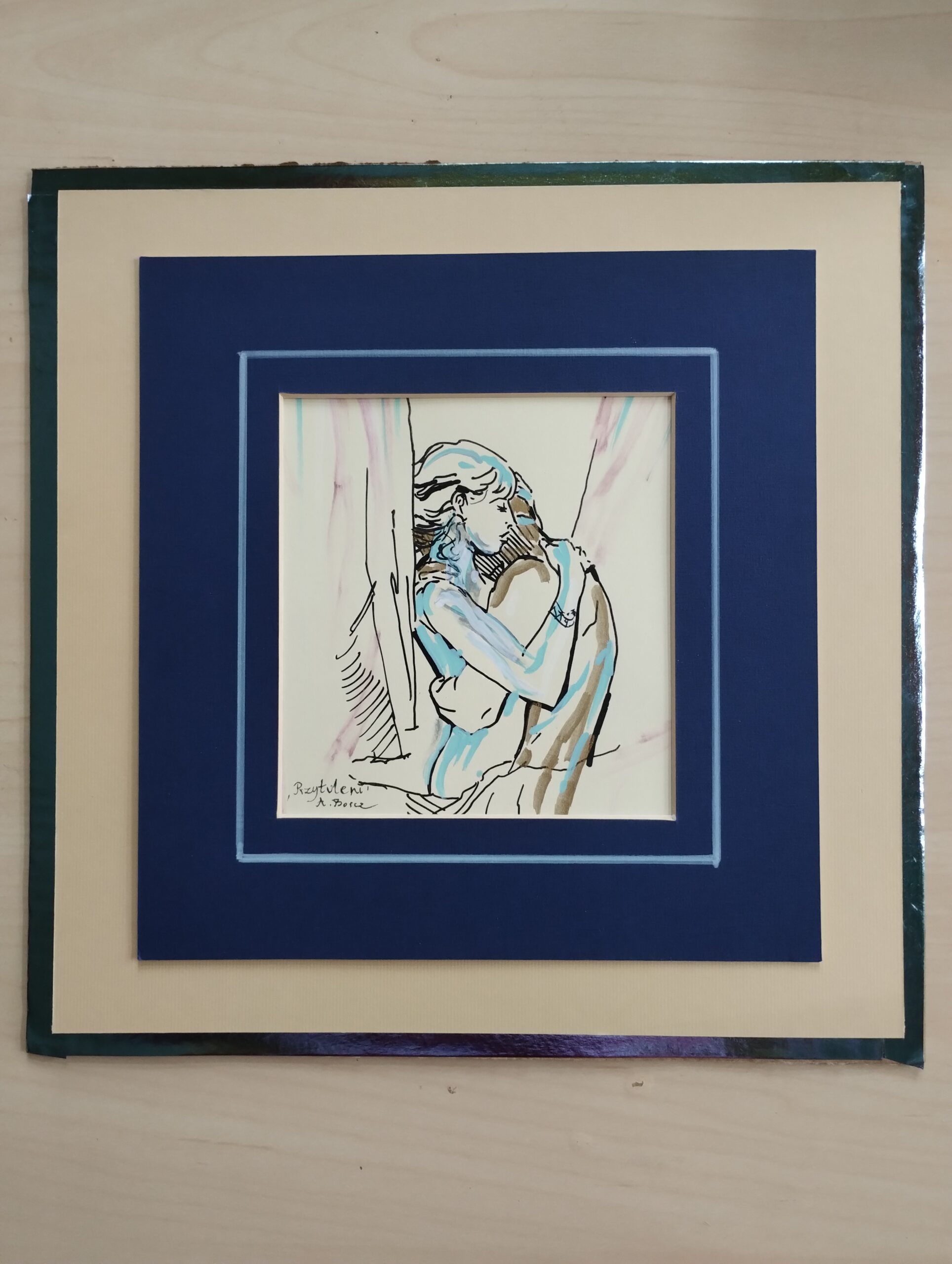 PRZYTULENI rys. tuszami 30x30 cm w oprawie