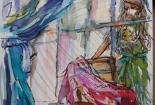 SUKNIA NA WERANDZIE akwarela 60x40 cm w oprawie