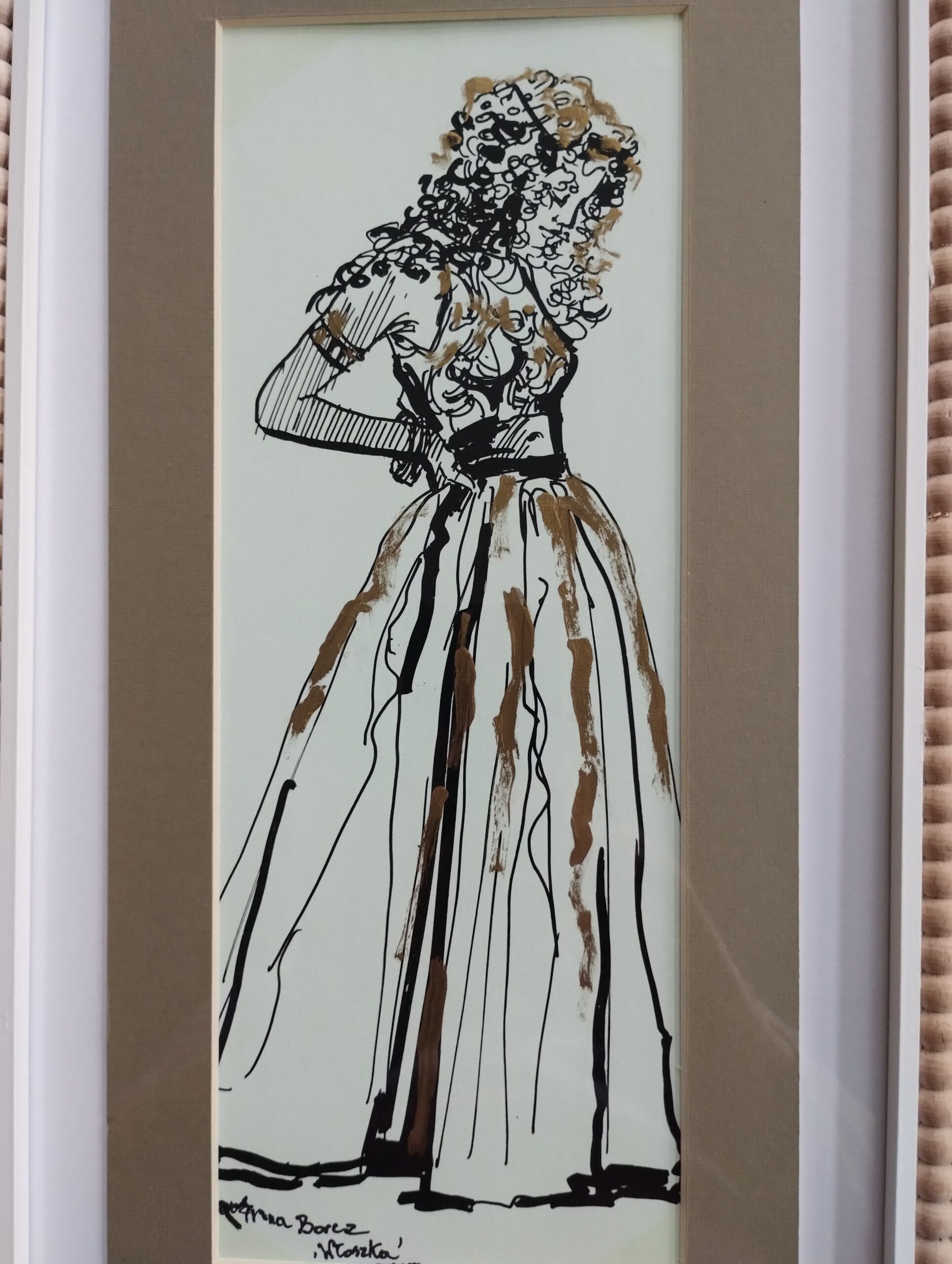 WŁOSZKA rysunek czarnym tuszem 40x25 cm w oprawie