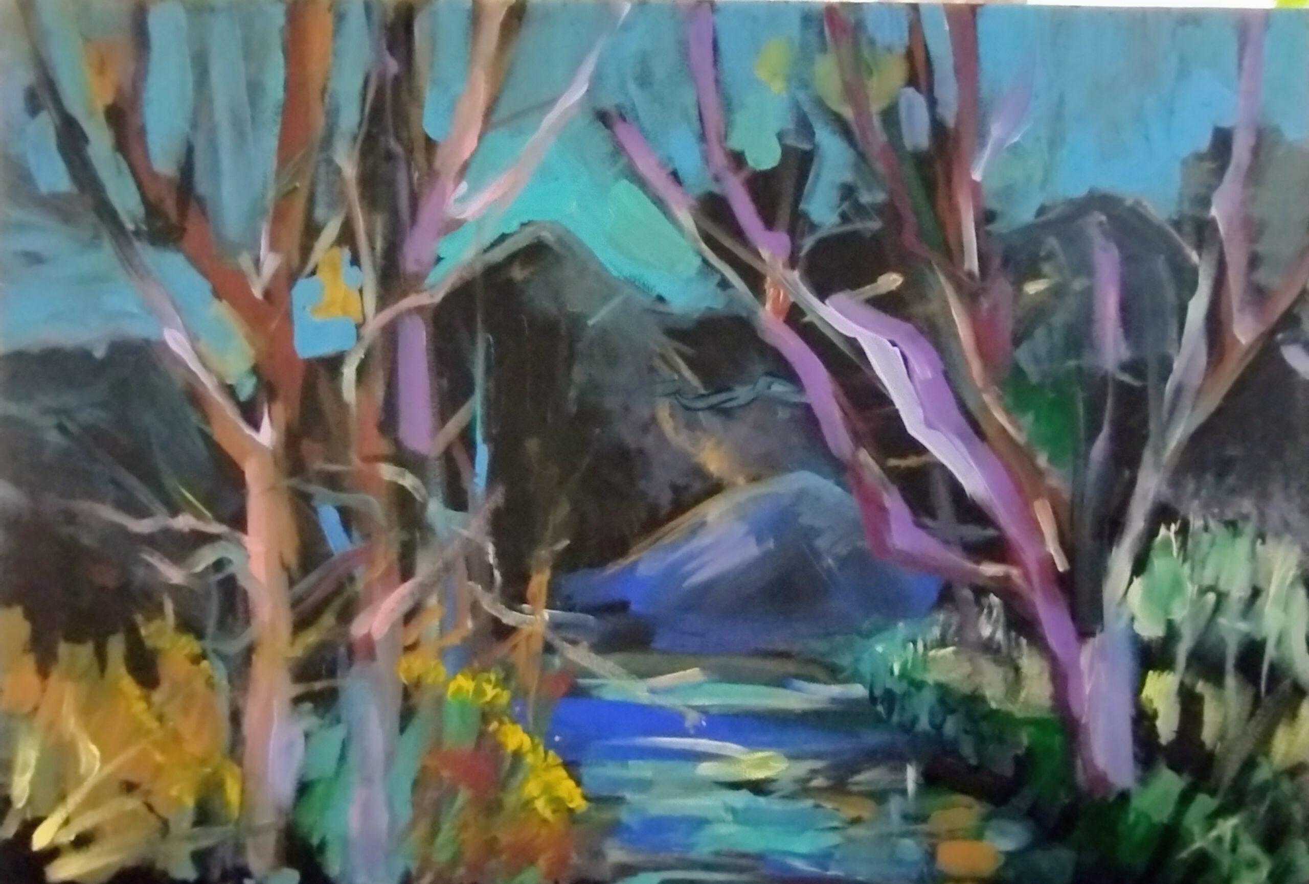 GÓRSKI STAW akryl na czarnym płótnie 40x60cm