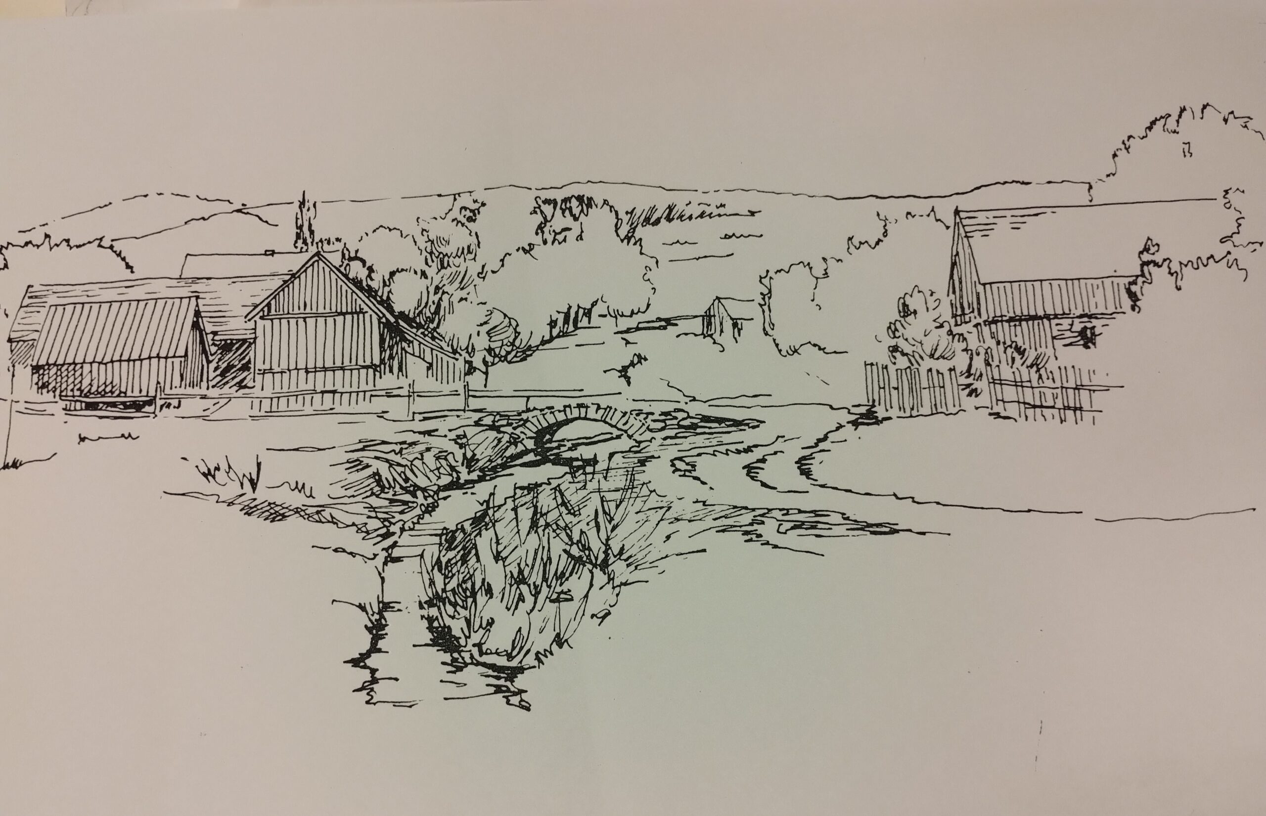 PODGÓRSKA WIOSKA rys. tuszem 25x40 cm w oprawie