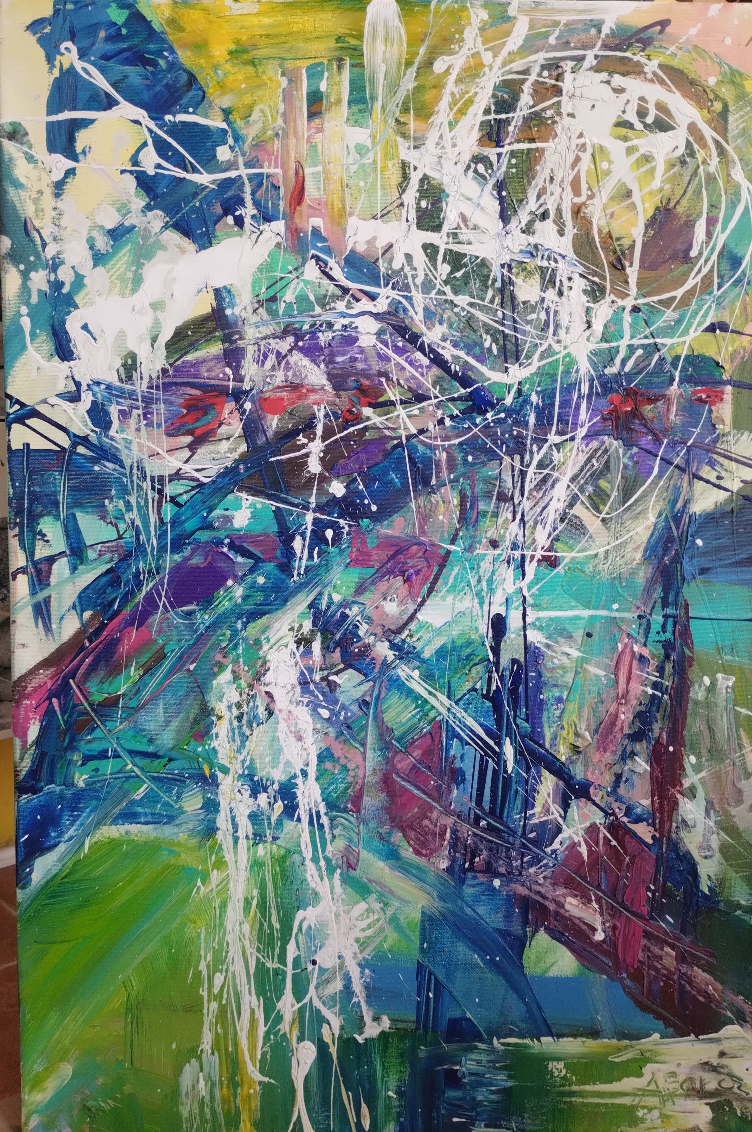KWIETNIOWA ABSTRAKCJA akryl na płótnie 90x50cm