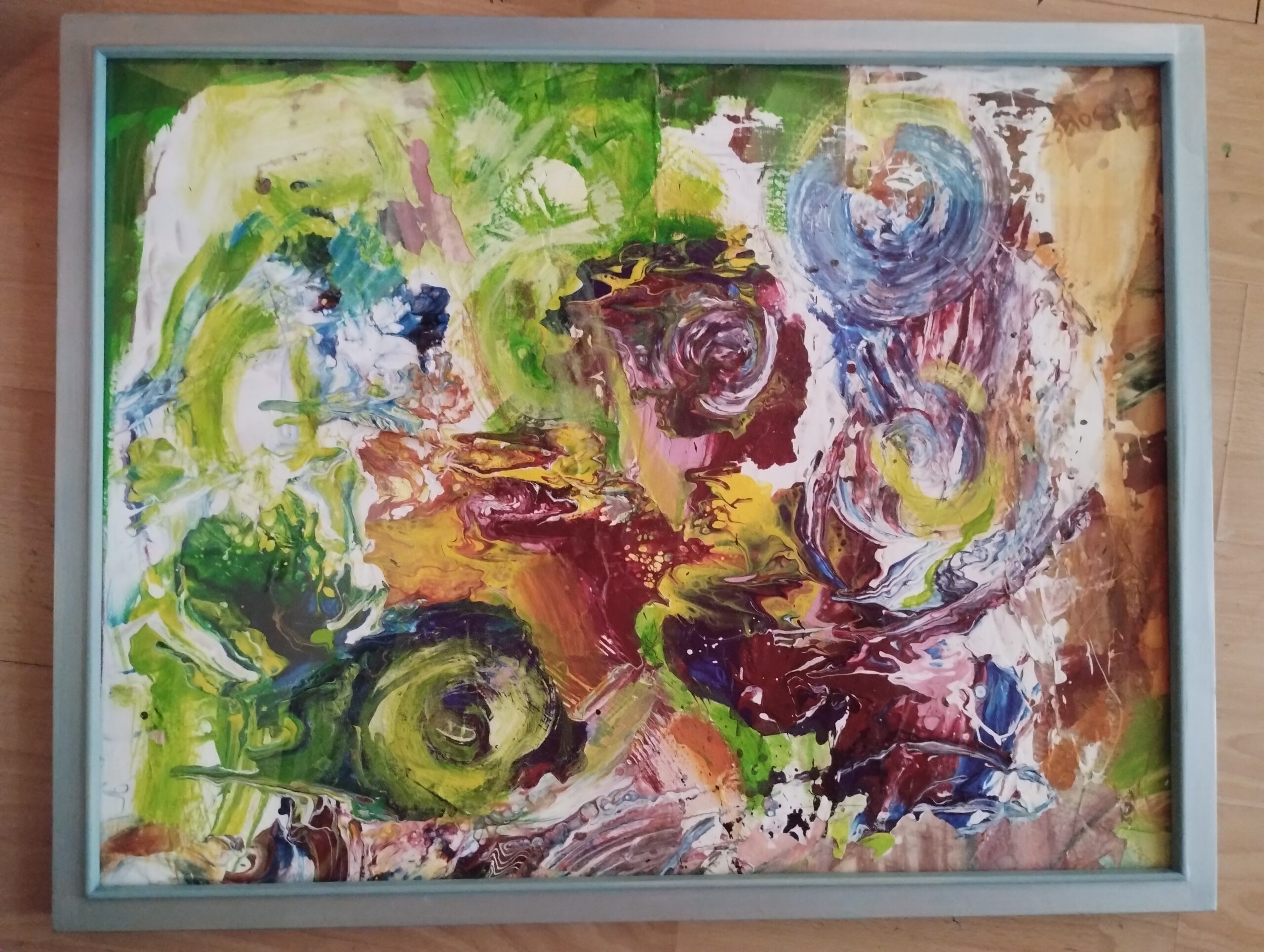 ABSTRAKCJA W ZIELENIACH olej na płótnie za szybą, w drewnianej srebrnej ramie 64x81 cm