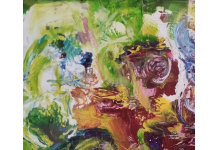 ABSTRAKCJA W ZIELENIACH olej na płótnie za szybą, w drewnianej srebrnej ramie 64x81 cm