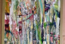WIOSENNY LAS - ABSTRAKCJA pouring akryl na płótnie 115x60 z ramą125x70cm