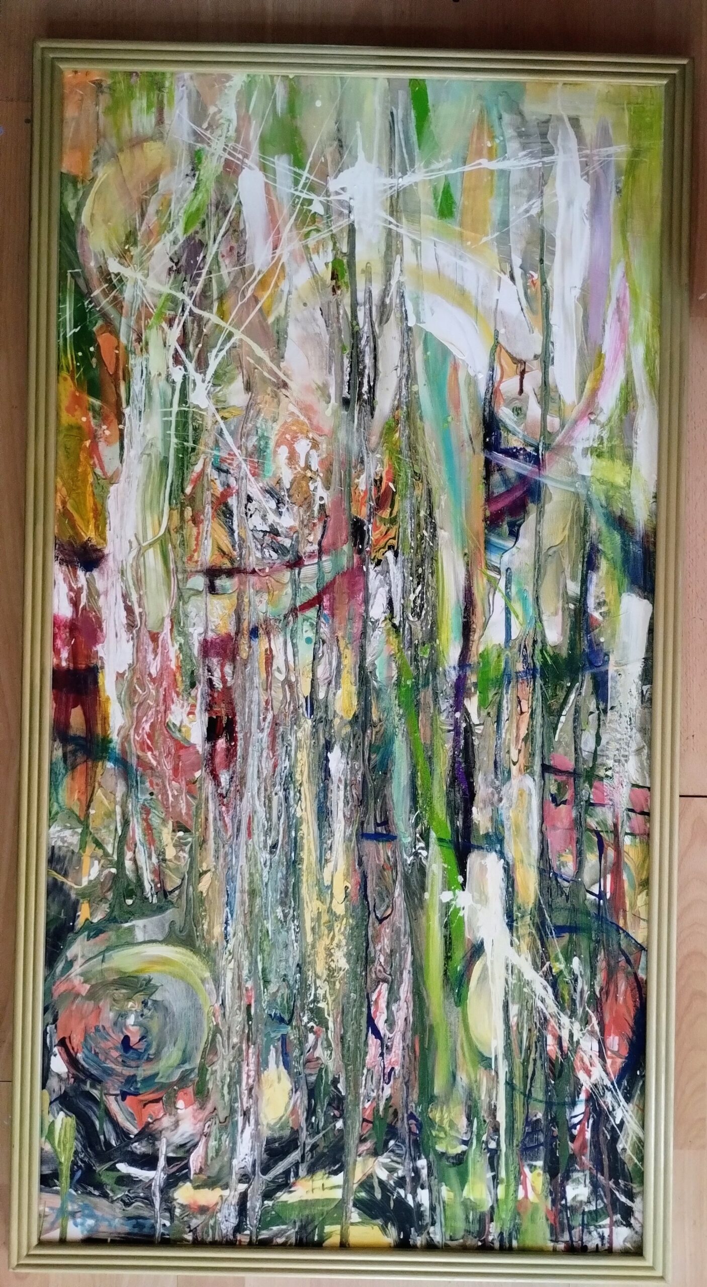 WIOSENNY LAS - ABSTRAKCJA pouring akryl na płótnie 115x60 z ramą125x70cm