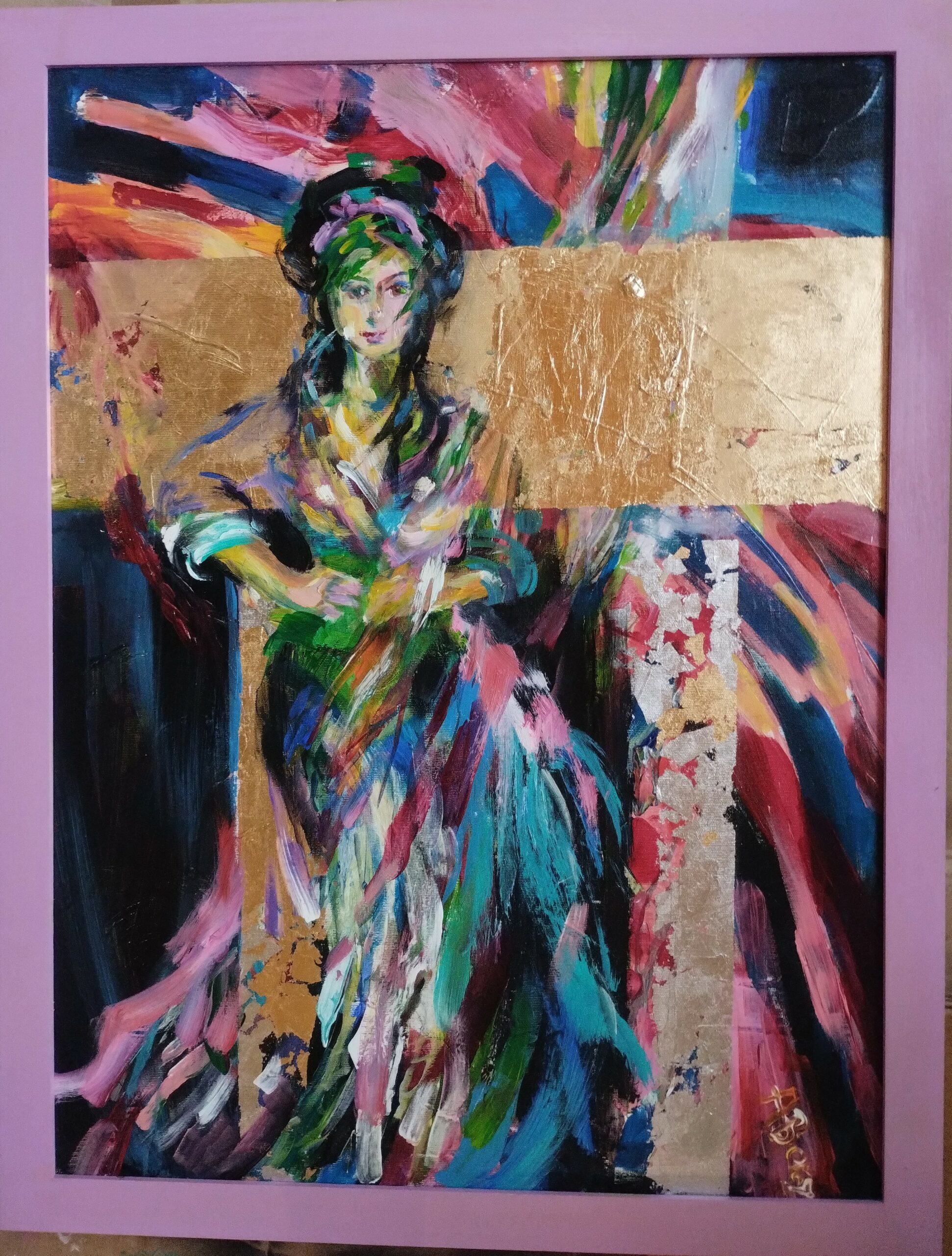 EGIPCJANKA olej na płótnie ze złotymi płatkami, 80x60 z ramą