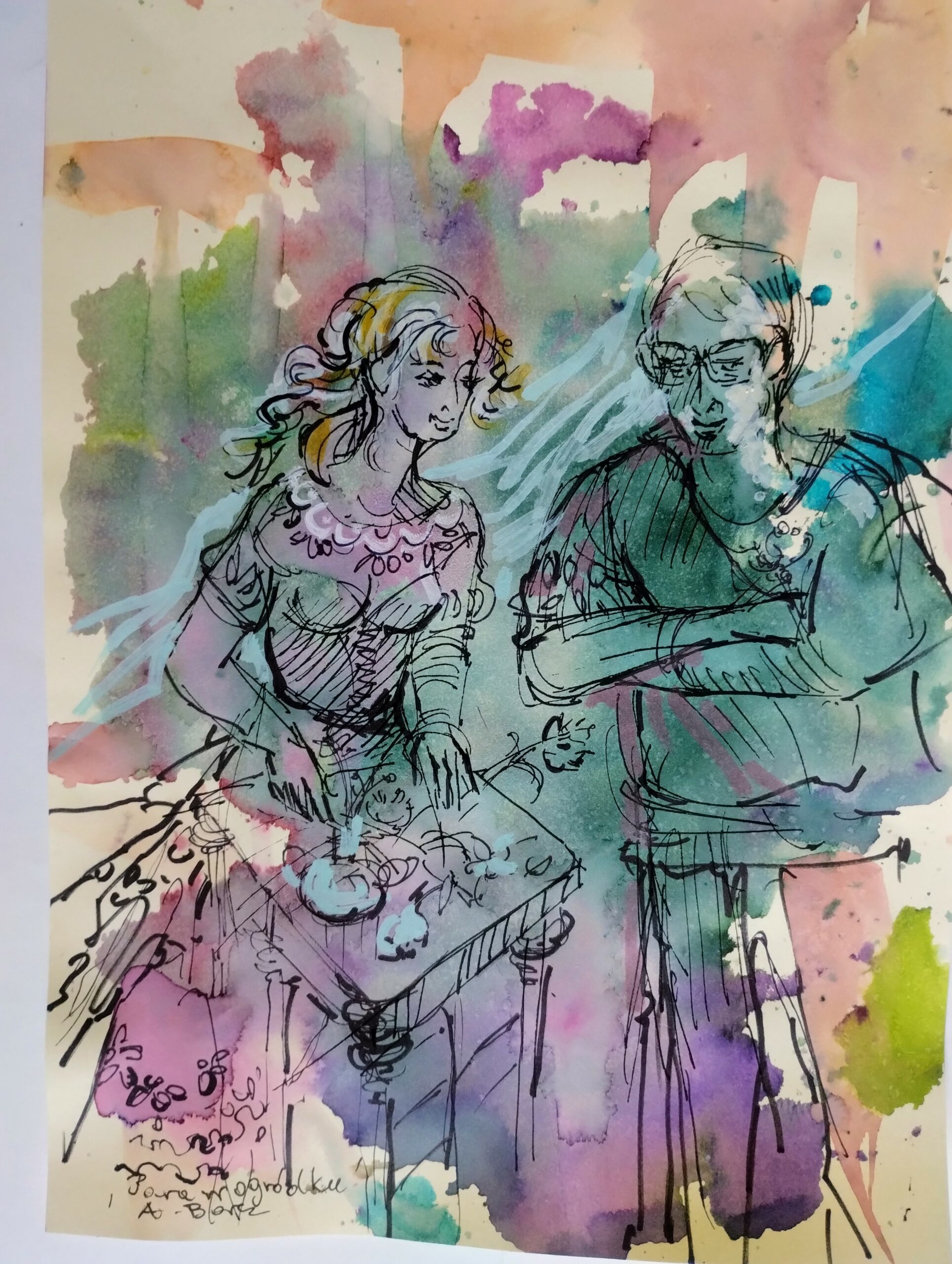 PARA W OGRÓDKU akwarela 40x30 cm w oprawie