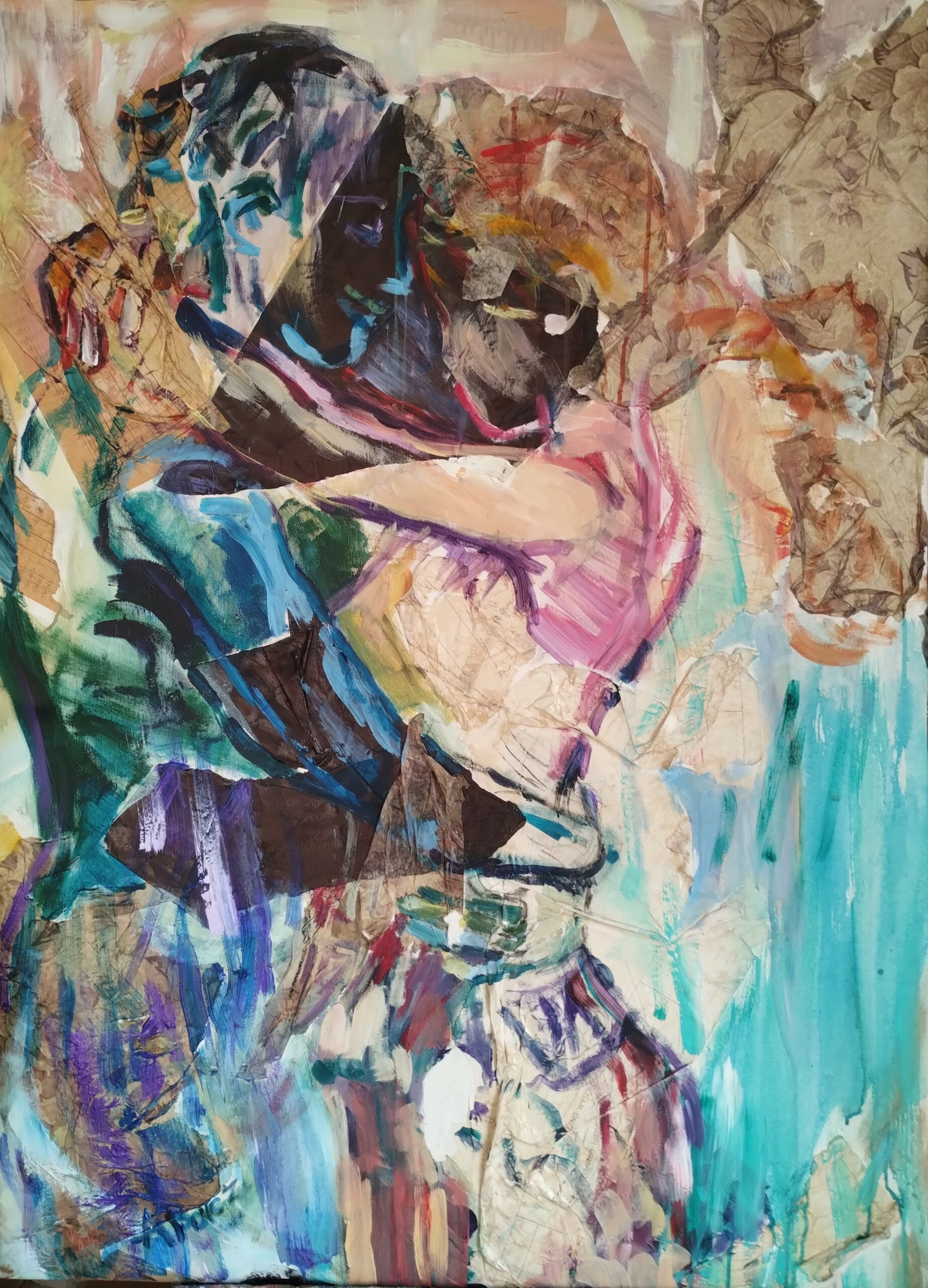 PARA -COLLAGE , kolaż na płótnie 110 x 80 we fioletowej ramie