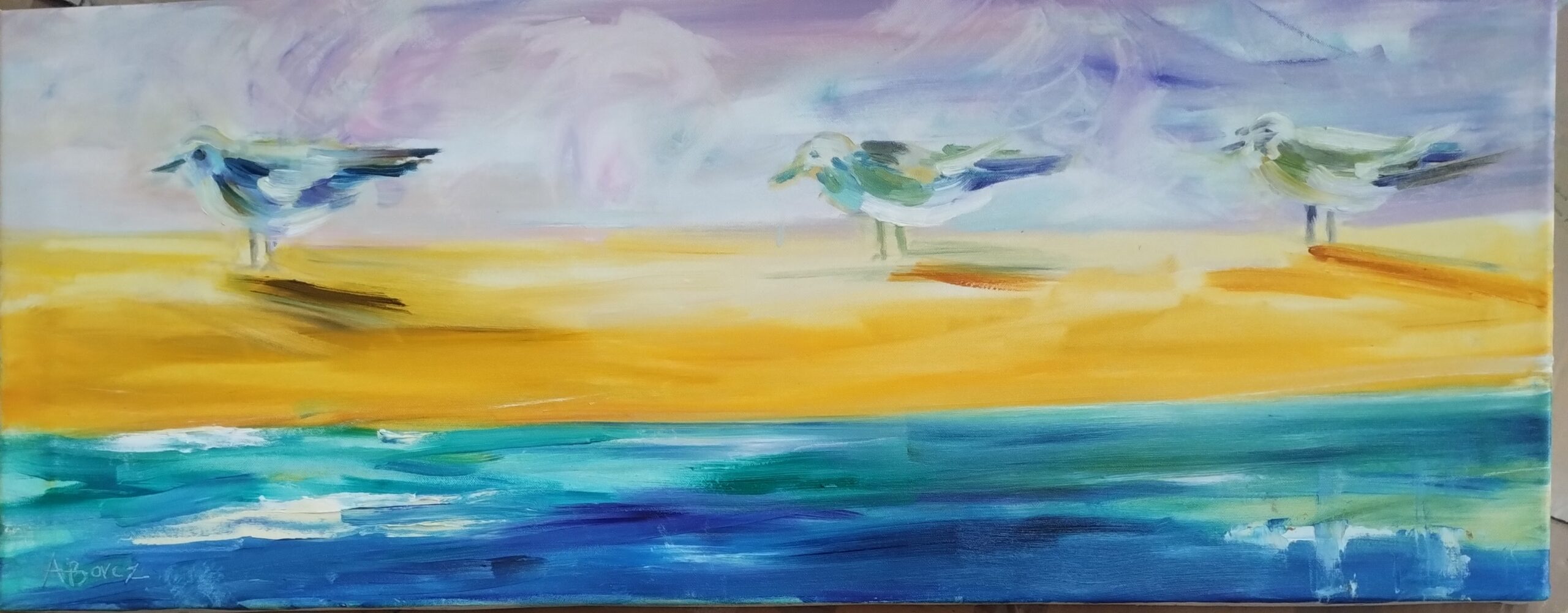 TRZY MEWY olej na płótnie, 40x100 cm