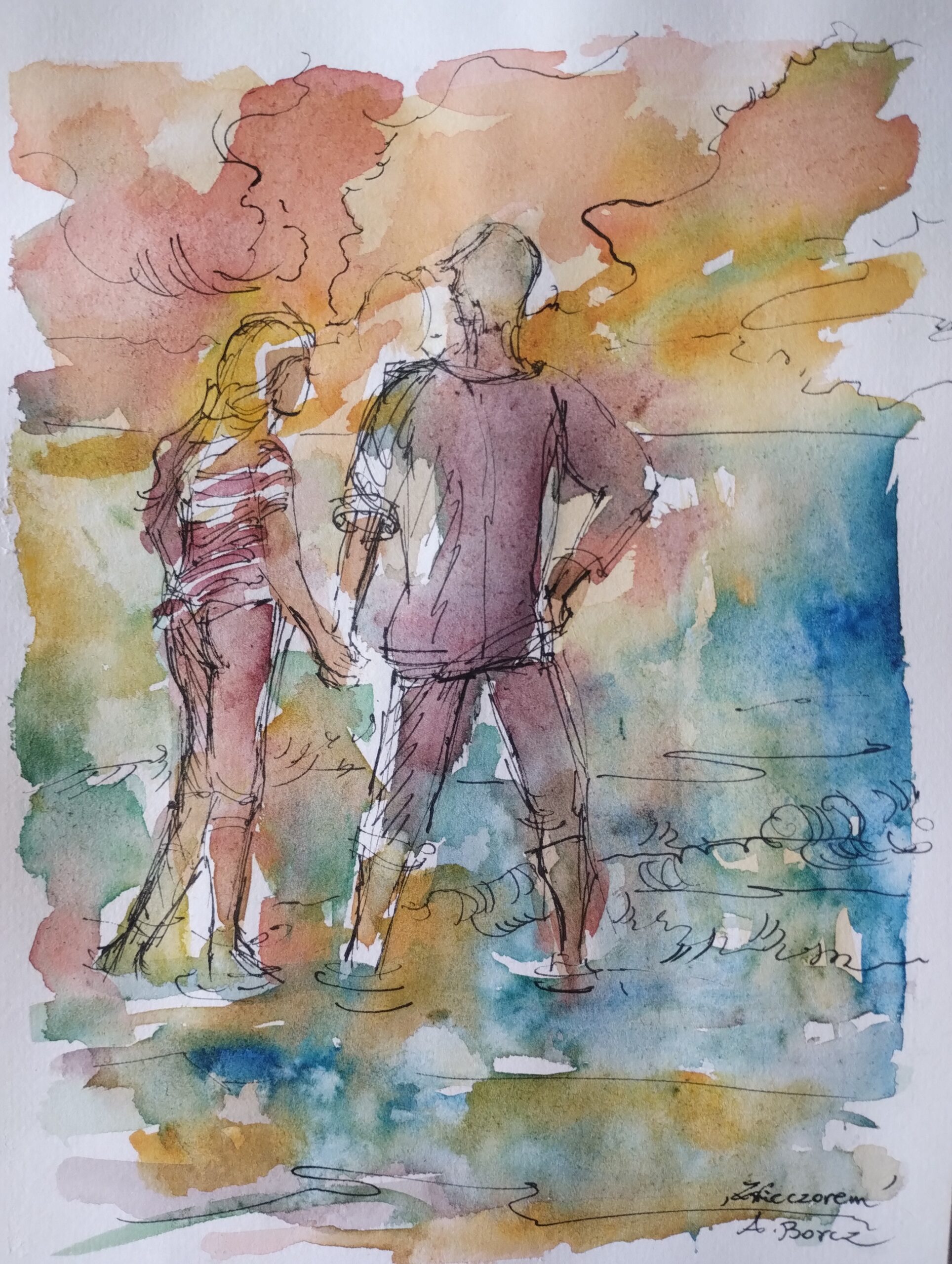 WIECZOREM akwarela, 40x30 w oprawie